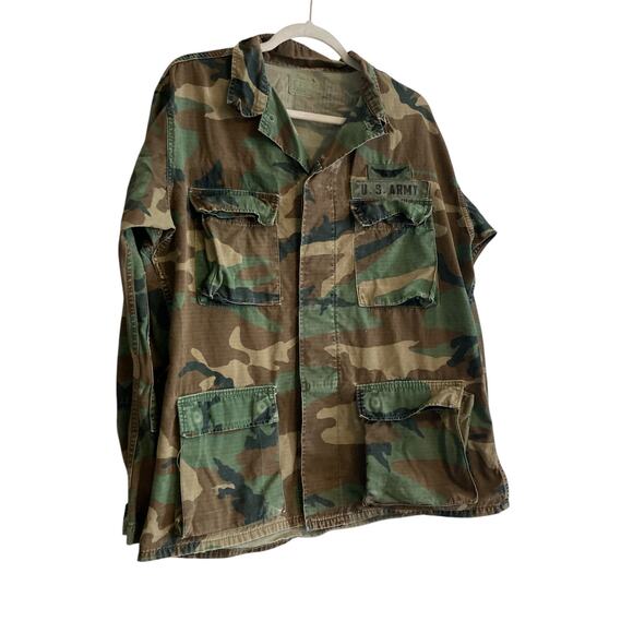 Vintage 70s US Army Brown Military Green Camo Button Up Cotton Jacket Sz Medium - Picture 3 of 16